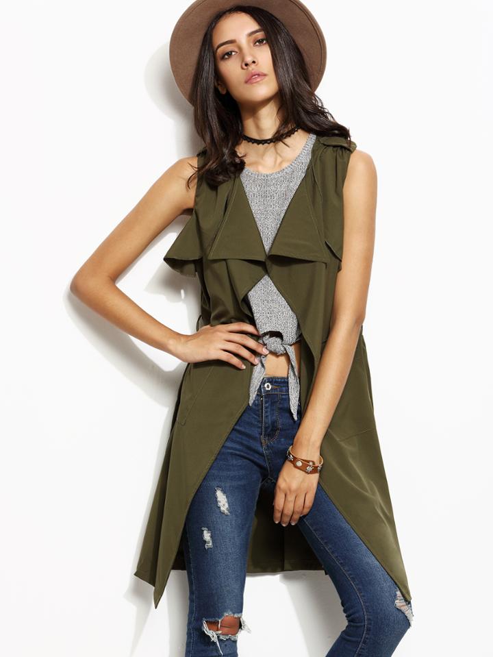 Shein Army Green Lapel Self Tie Sleeveless Slit Side Coat