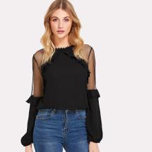 Shein Dot Mesh Insert Frill Trim Top