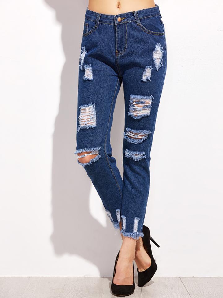Shein Dark Blue Ripped Raw Hem Jeans