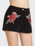 Shein Black Embroidered Rose Applique Shorts
