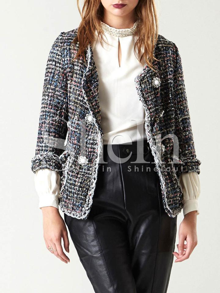 Shein Black Collarless Tweed Coat