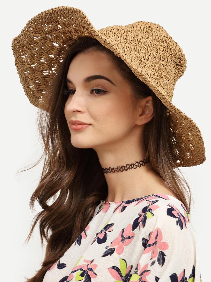 Shein Khaki Crochet Large Brimmed Straw Hat