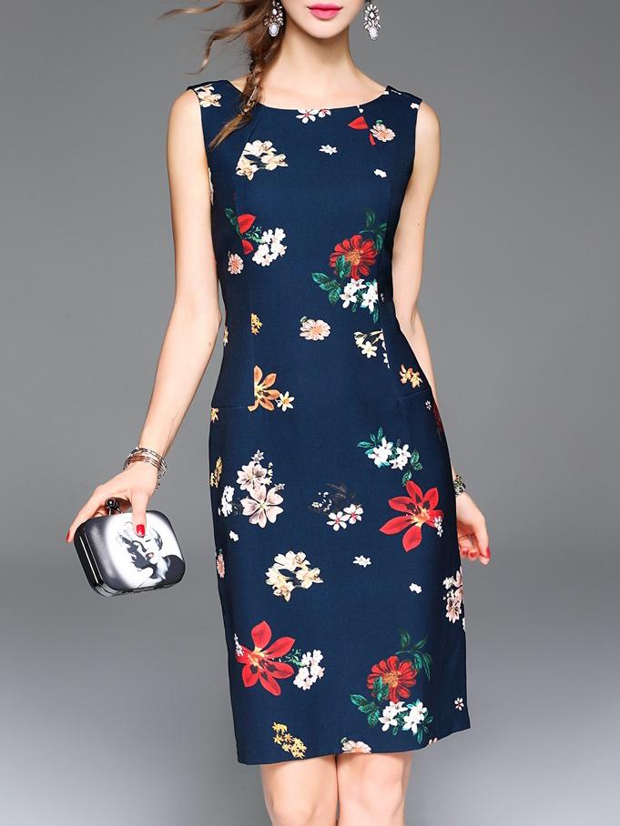 Shein Navy Backless Floral Sheath Dress