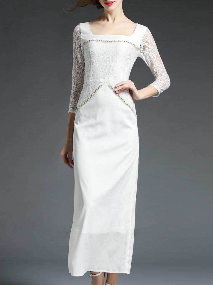 Shein White Boat Neck Beading Lace Maxi Dress