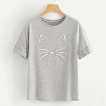 Shein Faux Pearl Decoration Roll Up Sleeve Tee