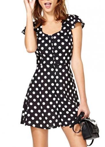 Rosewe Enchanting Cutout Pattern Polka Dot Print Cap Sleeve Dress