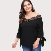 Shein Plus Contrast Eyelash Lace Bow Tied Cuff Blouse