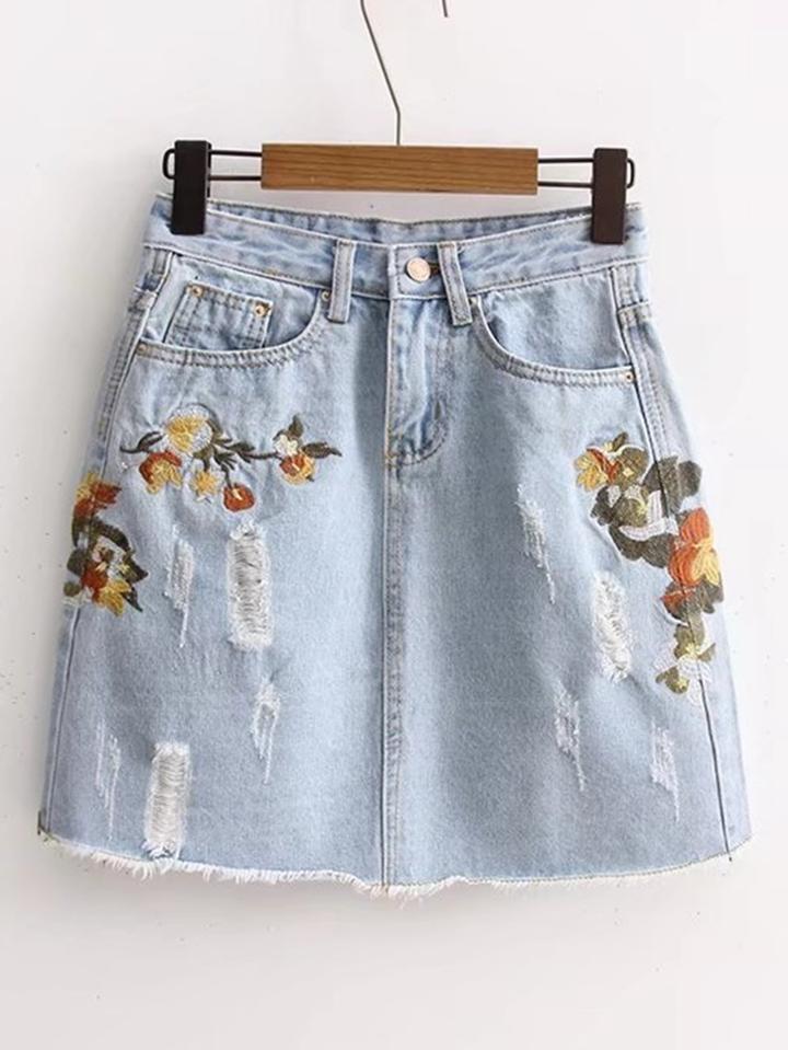 Shein Ripped Detail Embroidery Denim Skirt