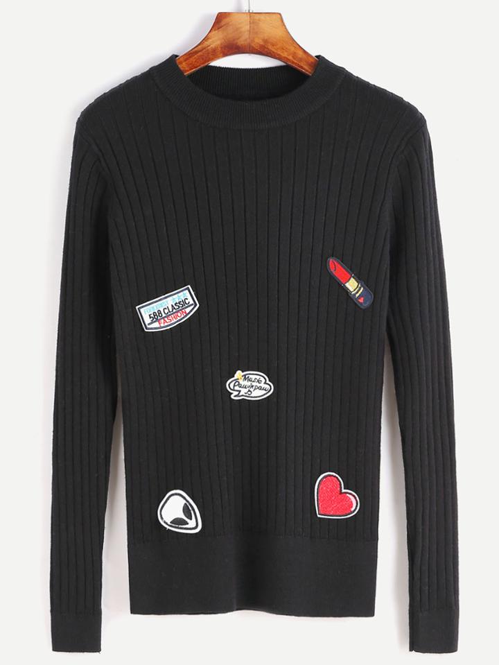 Shein Black Ribbed Knit Sweater With Patch Detail