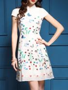 Shein White Collar Flowers Embroidered Dress