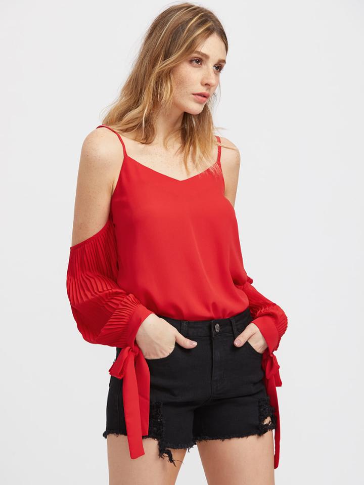 Shein Open Shoulder Self Tie Pleated Sleeve Blouse