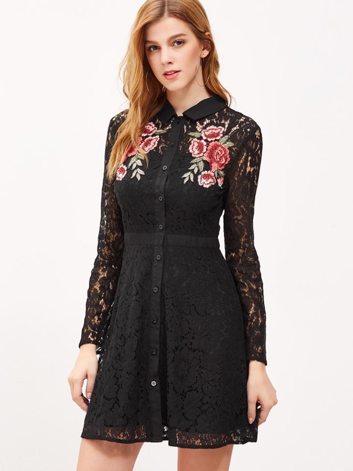Shein Black Embroidered Rose Applique Lace Shirt Dress