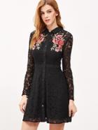 Shein Black Embroidered Rose Applique Lace Shirt Dress
