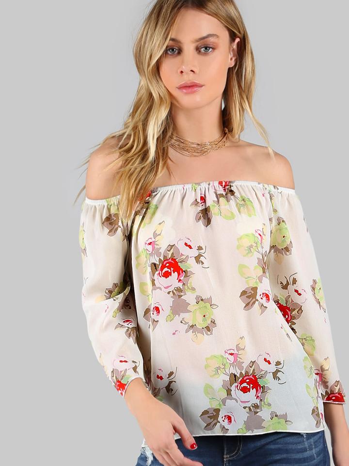 Shein Flower Print 3/4 Sleeve Elasticized Bardot Top