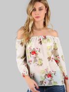 Shein Flower Print 3/4 Sleeve Elasticized Bardot Top