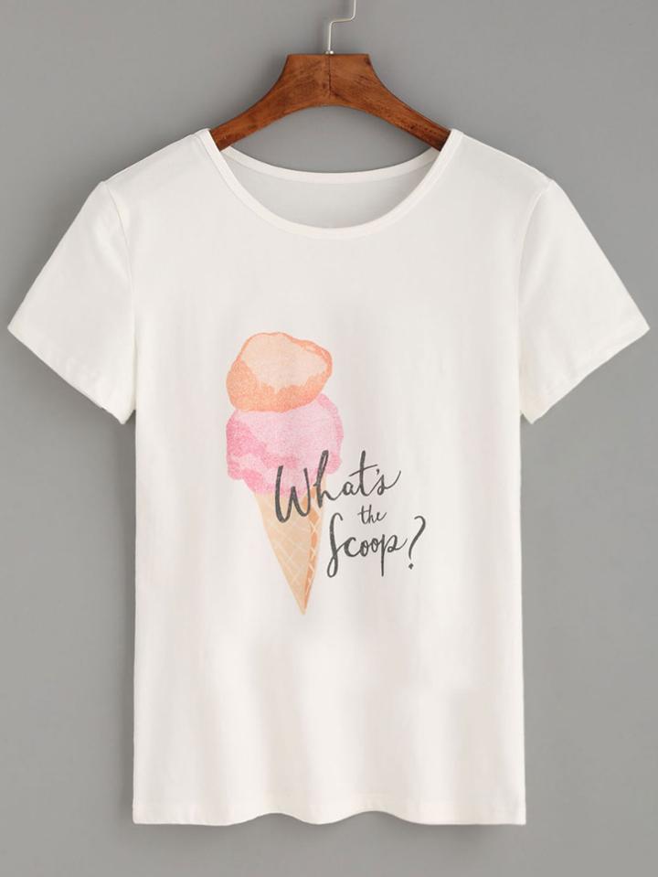 Shein White Ice Cream Letters Print T-shirt