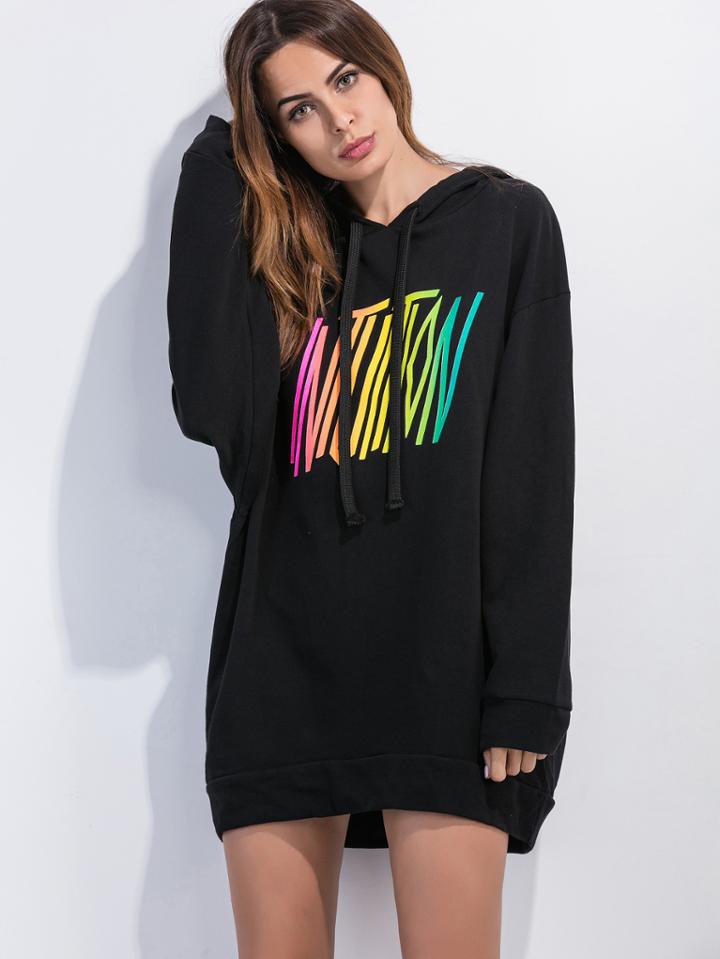 Shein Black Hooded Drop Shoulder Letter Print Sweatshirt Dress