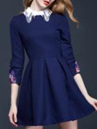 Shein Navy Lapel Length Sleeve Embroidered Dress