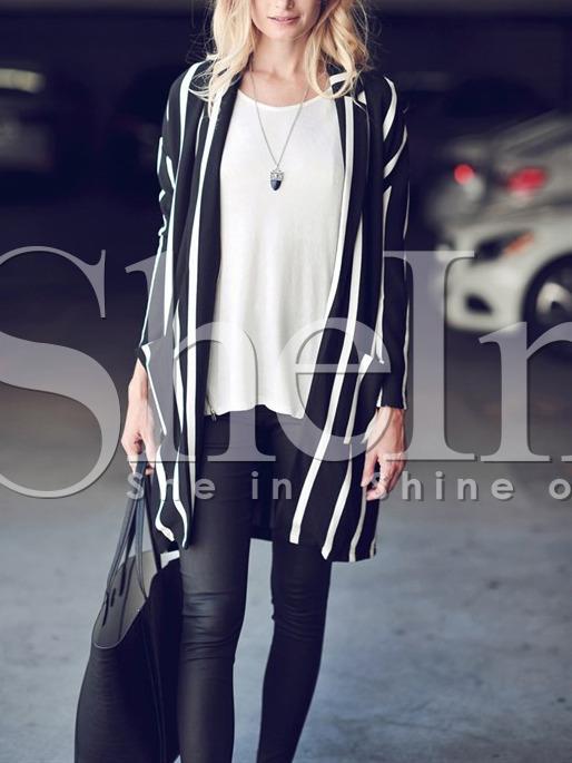 Shein Black White Long Sleeve Striped Coat