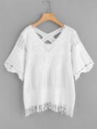 Shein Crisscross Back Lace Insert Embroidered Top