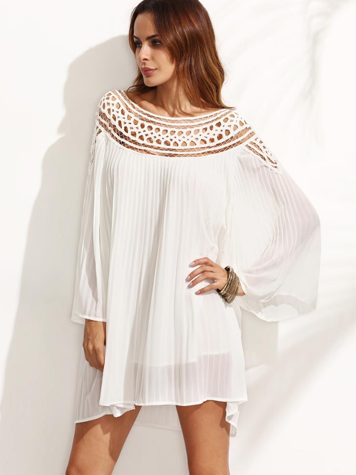 Shein White Hollow Long Sleeve Shift Dress