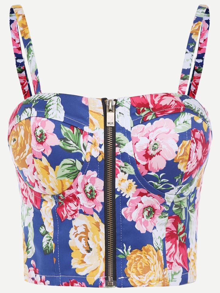 Shein Floral Print Zip Front Bustier Cami Top