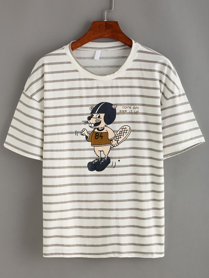 Shein Stiped Cartoon Mouse Print T-shirt