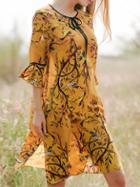 Shein Yellow Bell Sleeve Leaves Print Dress
