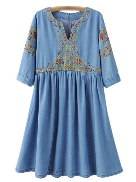 Shein Blue Half Sleeve V Neck Embroidery Denim Dress