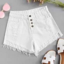 Shein Ripped Frayed Hem Button Denim Shorts