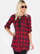 Shein Lace Up Flannel Shirt Top Red
