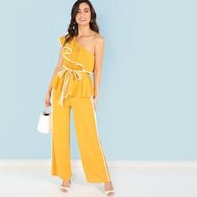 Shein Ruffle Trim Belted Top & Wide Leg Pants Set
