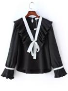 Shein Black Bell Sleeve Lace Up Ruffle Blouse
