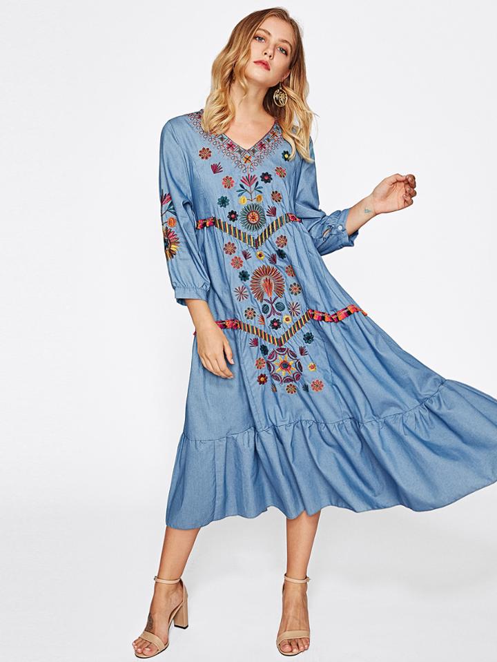 Shein Contrast Fringe Trim Embroidered Frill Hem Chambray Dress