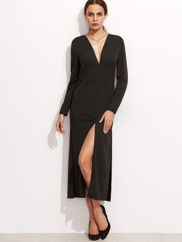 Shein Black Deep V Neck Slit Side Shirt Dress