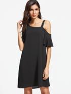 Shein Black Asymmetric Cold Shoulder Ruffle Sleeve Dress