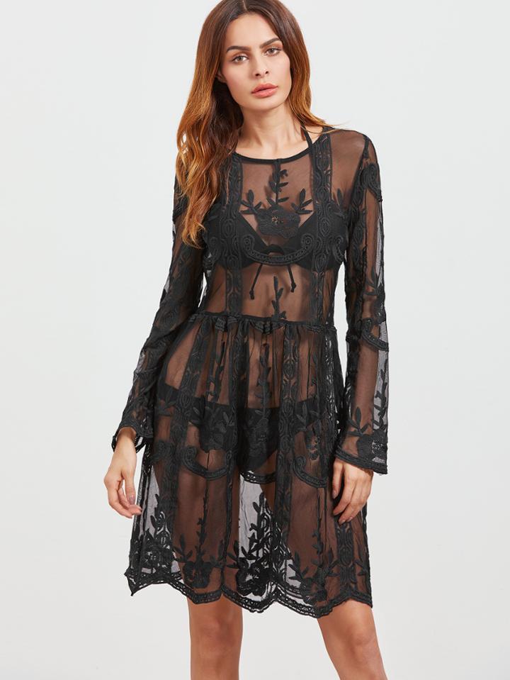 Shein Black Long Sleeve Cover Up Embroidered Mesh Dress