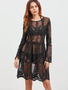 Shein Black Long Sleeve Cover Up Embroidered Mesh Dress