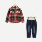 Shein Toddler Boys Letter & Plaid Pattern Shirt With Jeans