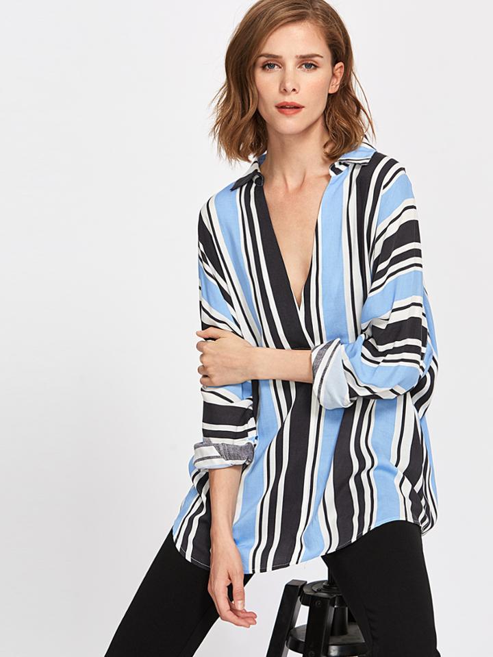 Shein Buttoned Back Mixed Stripe Plunge Blouse