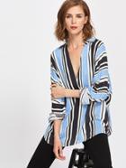 Shein Buttoned Back Mixed Stripe Plunge Blouse