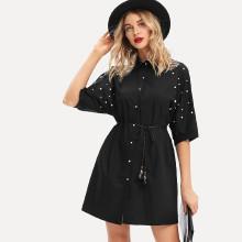 Shein Pearl Beaded Dolman Sleeve Shirt Dress