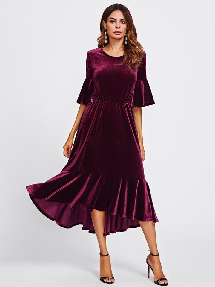 Shein Trumpet Sleeve Flounce Hem Velvet Dress