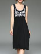 Shein Black U Neck Flowers Embroidered Fringe Dress