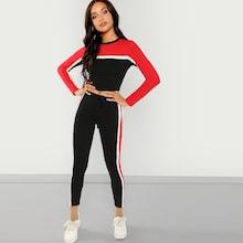 Shein Color Block Striped Top & Drawstring Pants Set