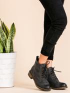 Shein Dark Grey Distressed Pu Lace Up Cork Heel Short Boots