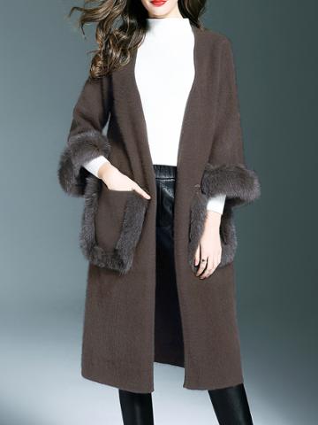 Shein Brown Pockets Long Mink Cashmere Coat