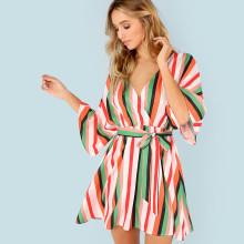 Shein Flutter Sleeve Self Belted Striped Surplice Wrap Dress