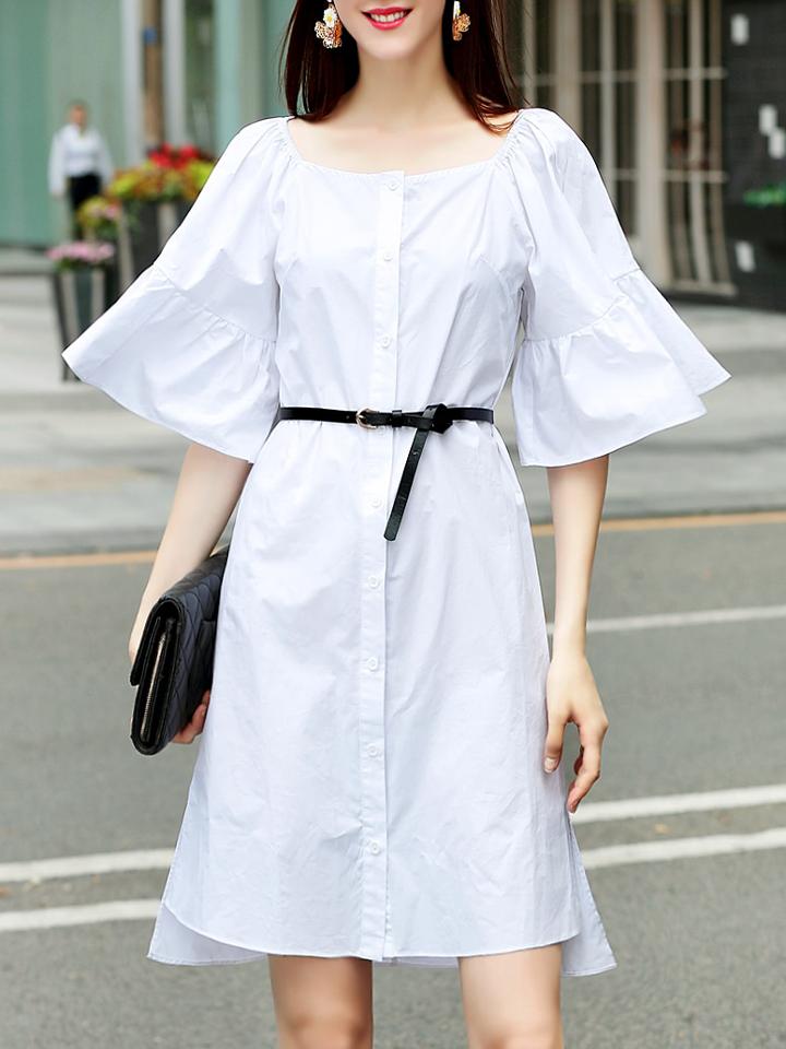 Shein Boat Neck Bell Sleeve Belted Dress