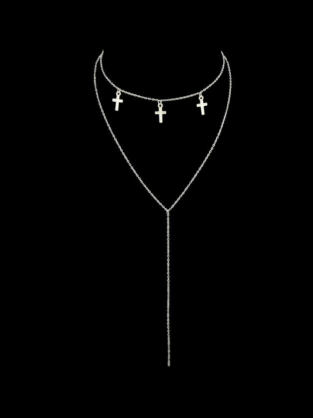 Shein Silver Multi Layers Chain With Cross Charm Geometric Pattern Pendant Necklace